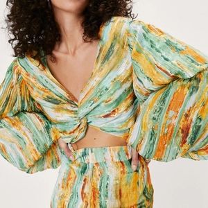 Chiffon Pleated Wide Leg Knot Front Jumpsuit